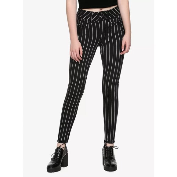Hot Topic Denim Black & White Pinstripe Hi-Rise Super Skinny Jeans Goth Punk 3 - Picture 1 of 9